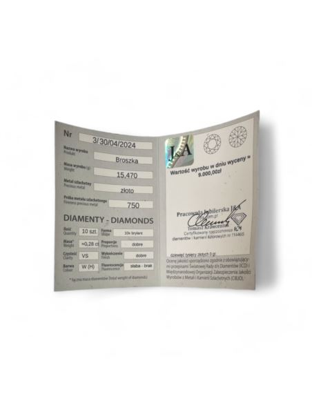 Broszka róża pr.750 15,46g (wyc. 9000zł) 10szt diam 0.28ct