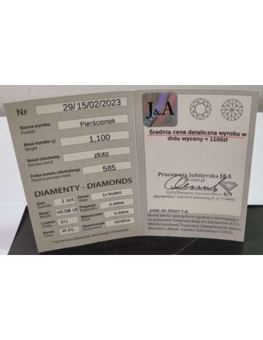 Pierścionek z brylantem 585 0,08 ct1,1g + certyfik(1100zł)