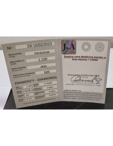 Pierścionek z brylantem 585 0,08 ct1,1g + certyfik(1100zł)