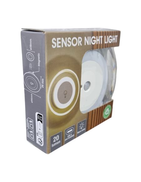 Lampka Nocna Czujnik Ruchu Ładowanie USB Ścienna Średnica 10cm 20Lumenów